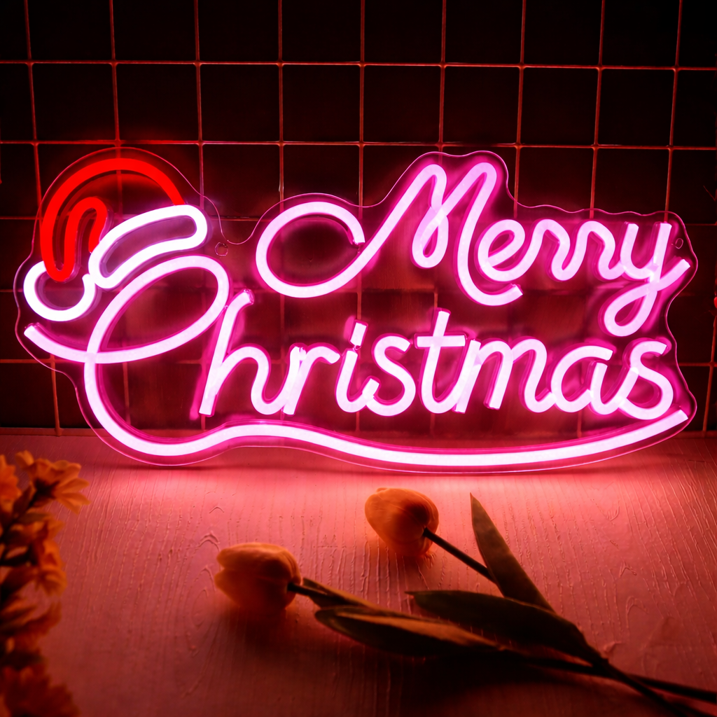 LED Merry Christmas Neon Sign with Santa Hat – Warm White & Red Script Wall Décor