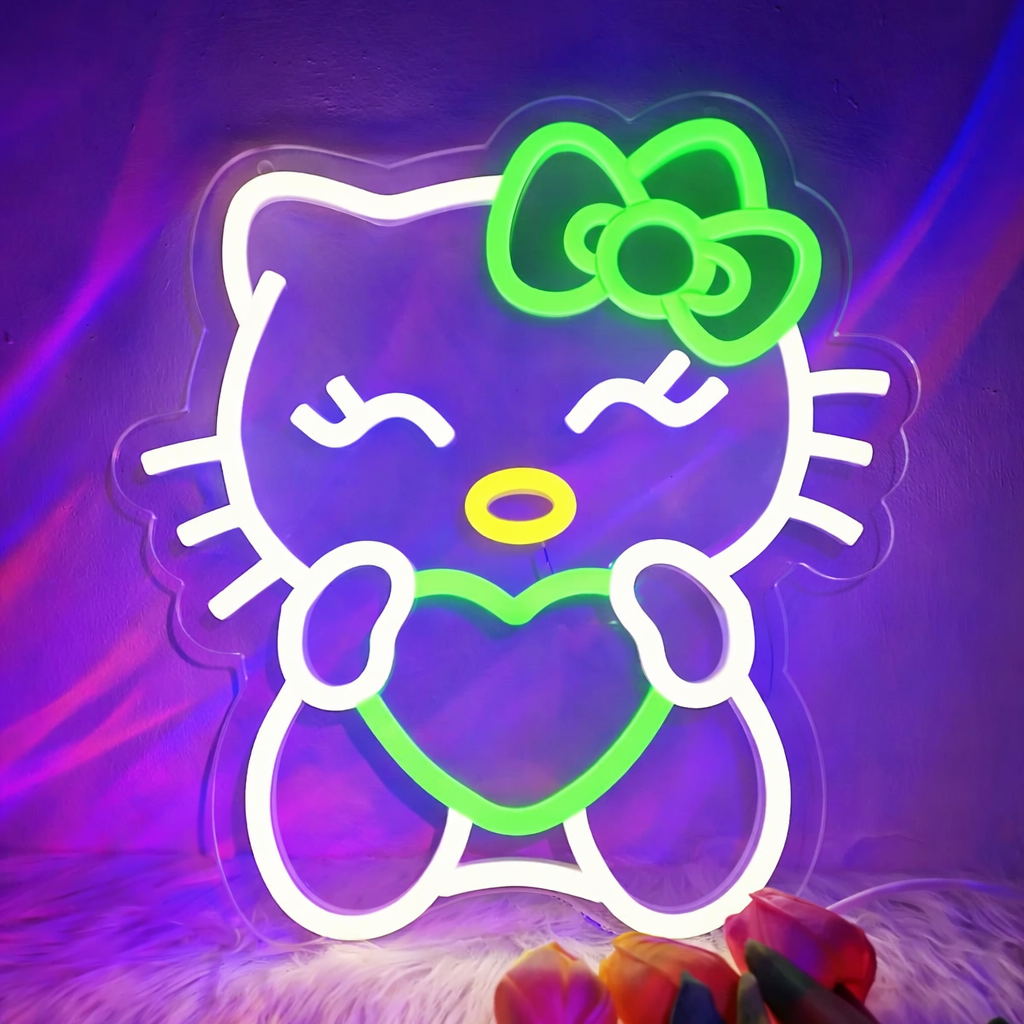 Cute Cartoon Cat LED Neon Sign with Heart for Bedroom Wall Decor Light