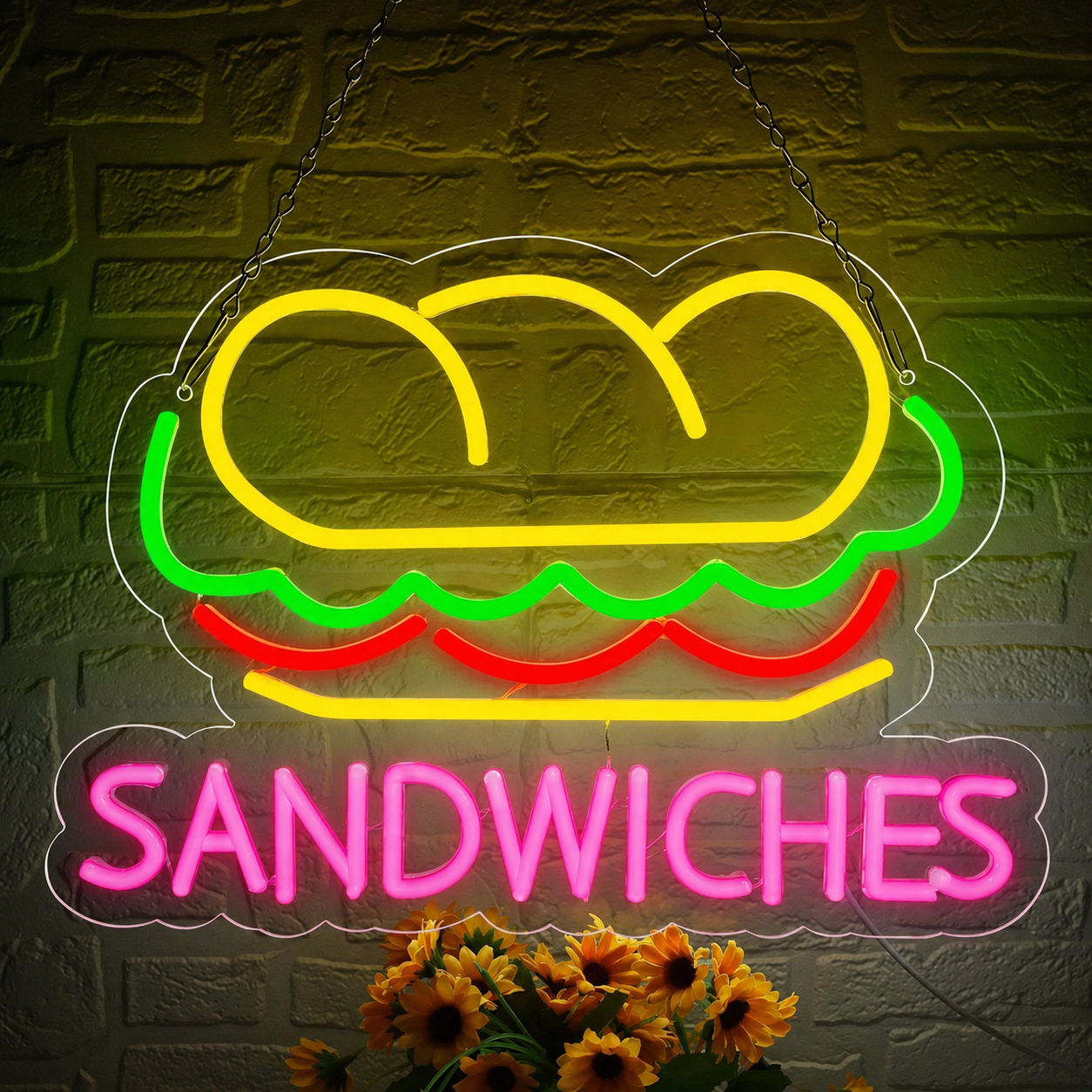 Sandwich LED Neon Sign Burger Style Neon Light Wall Decor for Cafe Deli Restaurant Kitchen