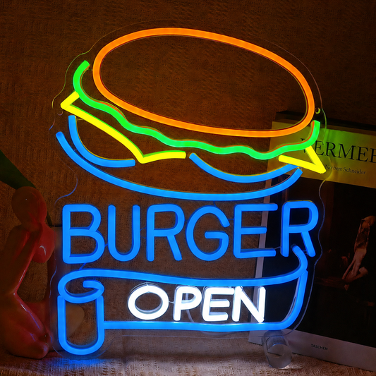 Burger Open LED Neon Sign Hamburger Neon Light Wall Decor for Restaurant Cafe Bar Shop