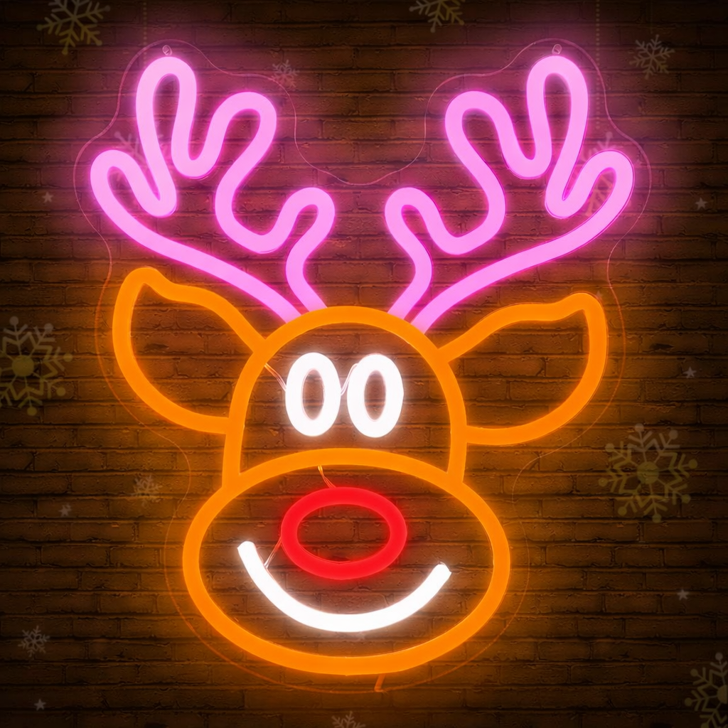 LED Reindeer Neon Sign Orange, White & Red Christmas Decoration