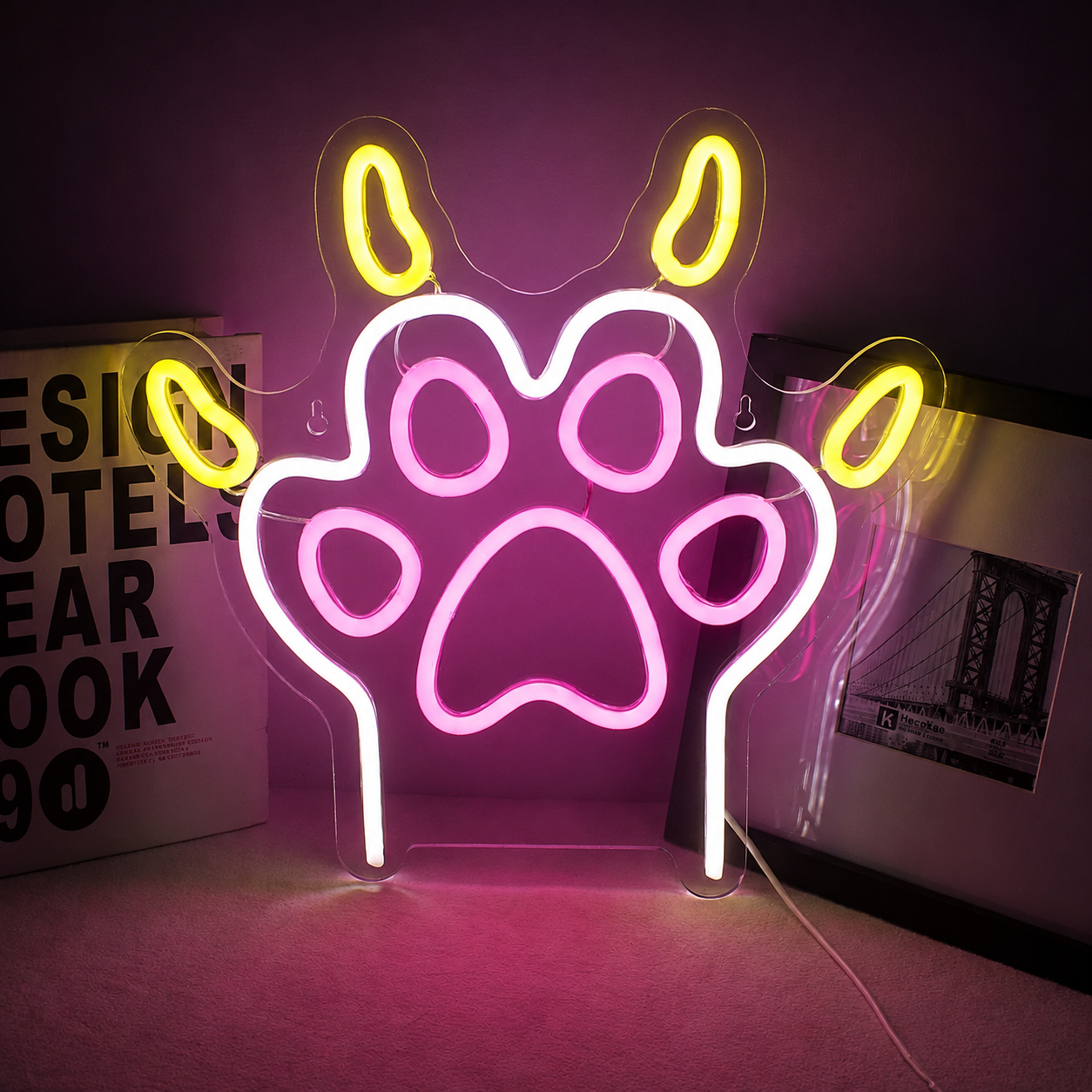 Paw Print LED Neon Sign Pink Blue Pet Neon Light Wall Decor for Bedroom Pet Room