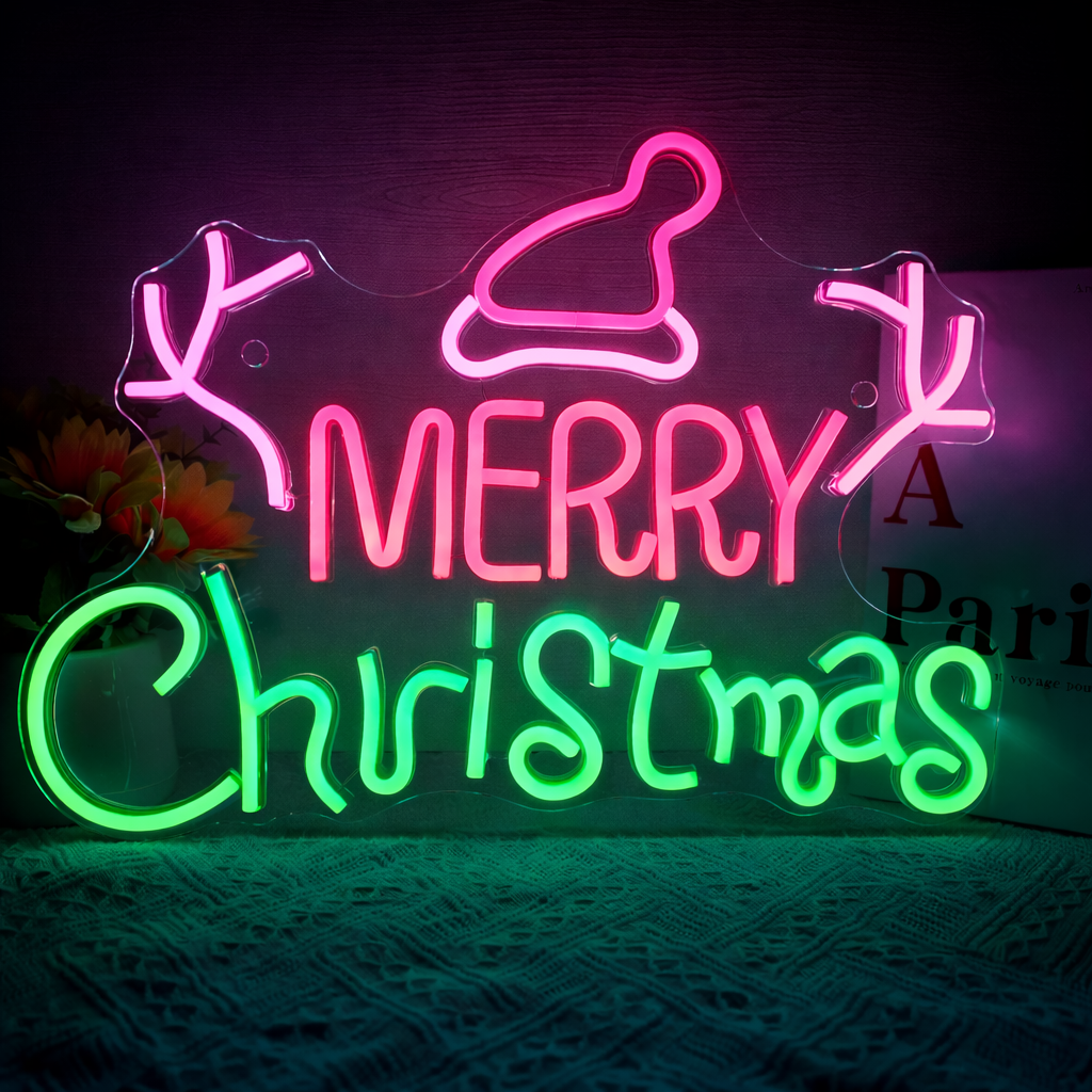 LED Merry Christmas Neon Sign with Santa Hat & Antlers – Red & Green Wall Décor
