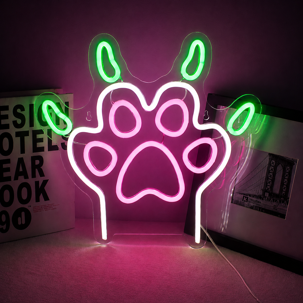 Paw Print LED Neon Sign Pink Blue Pet Neon Light Wall Decor for Bedroom Pet Room