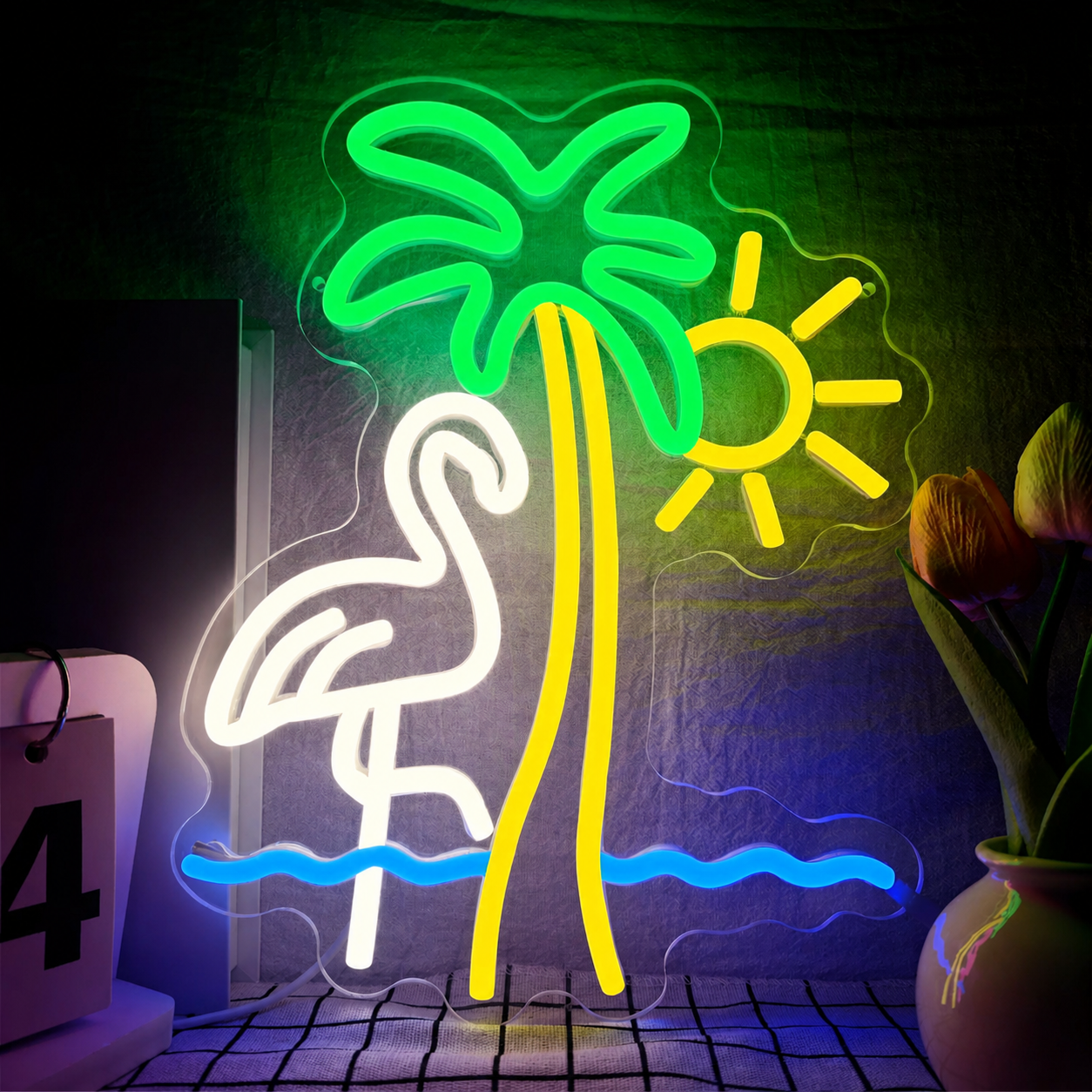 Tropical Flamingo Palm Tree LED Neon Sign Beach Sunset Neon Light Wall Decor for Bedroom Bar Party