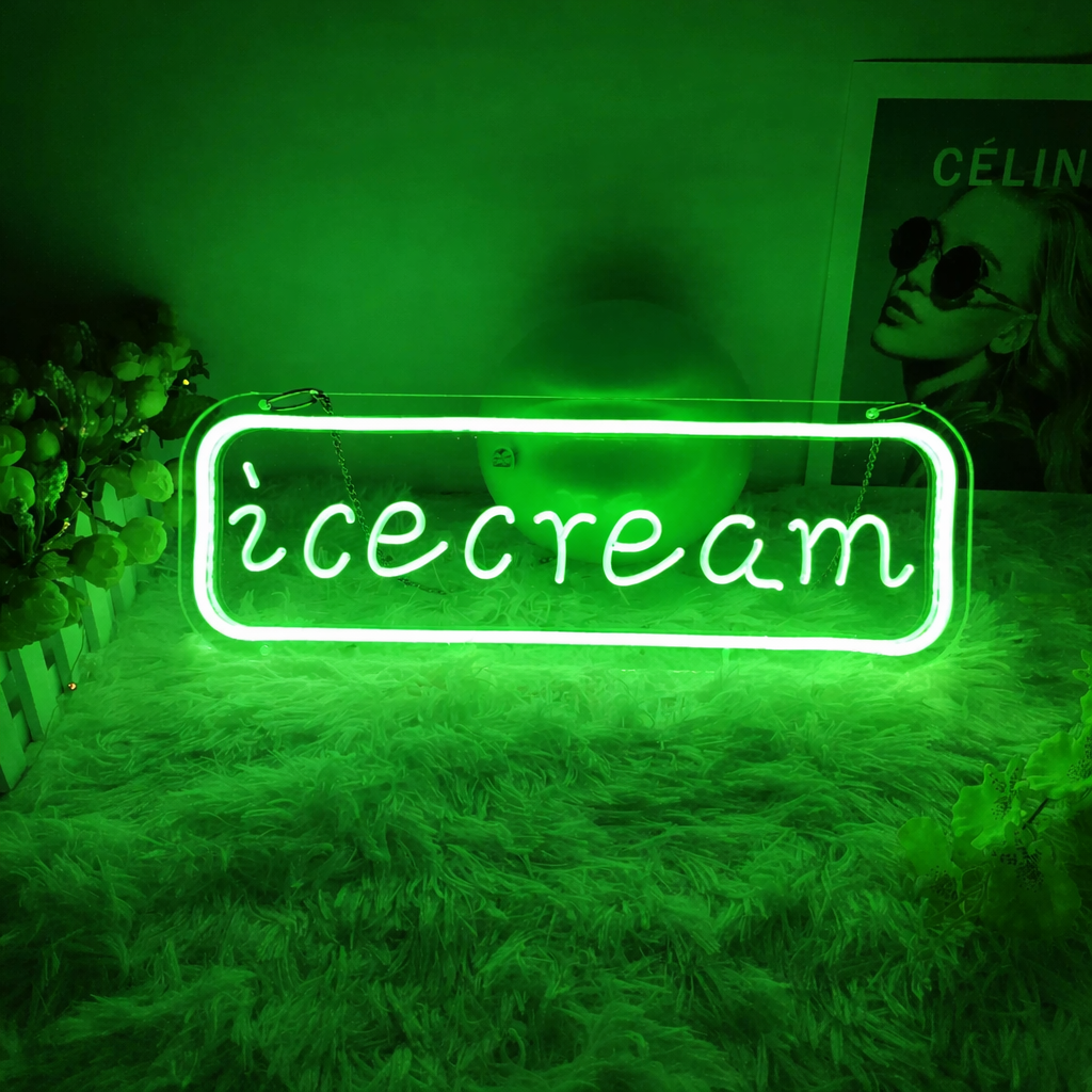 Ice Cream LED Neon Sign Pink Rectangle Hanging Neon Light for Cafe Dessert Shop Wall Decor