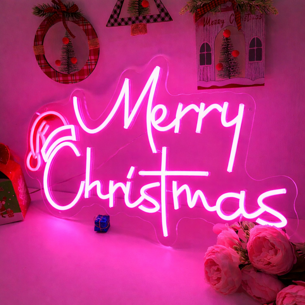 LED Merry Christmas Neon Sign with Santa Hat Accent