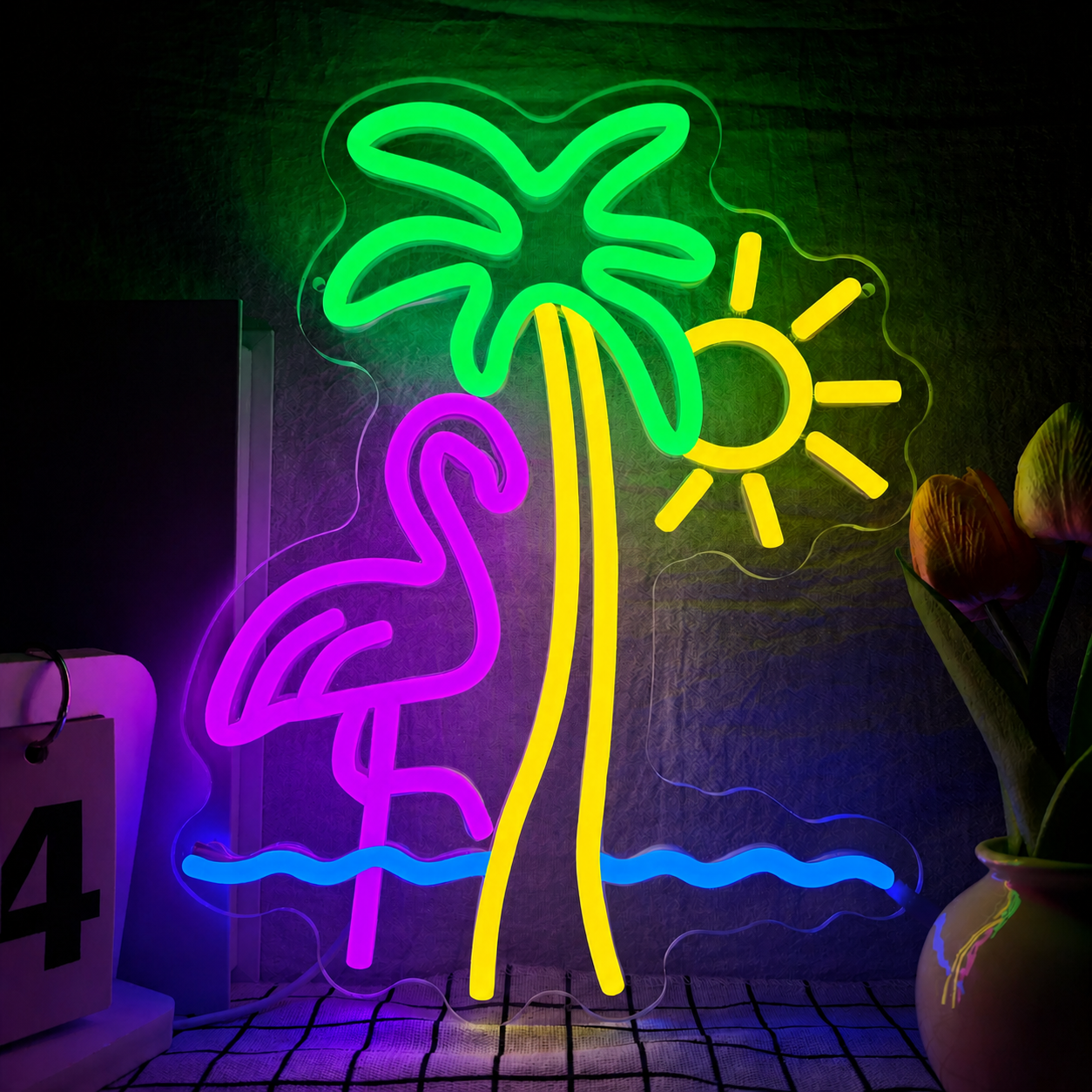 Tropical Flamingo Palm Tree LED Neon Sign Beach Sunset Neon Light Wall Decor for Bedroom Bar Party