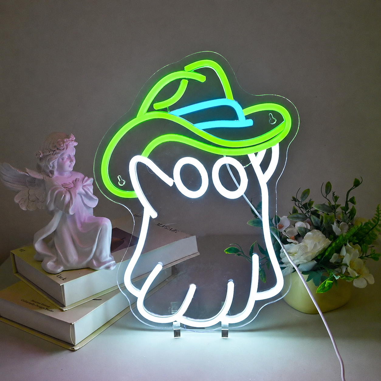 Cute Ghost Cowboy Hat LED Neon Sign Halloween Ghost Neon Light Wall Decor for Bedroom Party Room