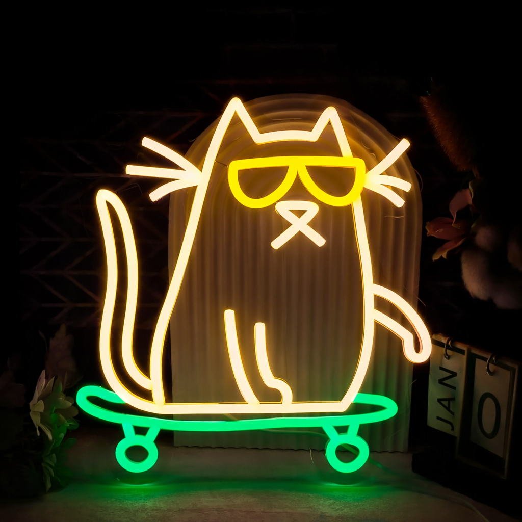 Cool Cat on Skateboard Neon Sign LED Wall Decor for Kids Room or Game Room