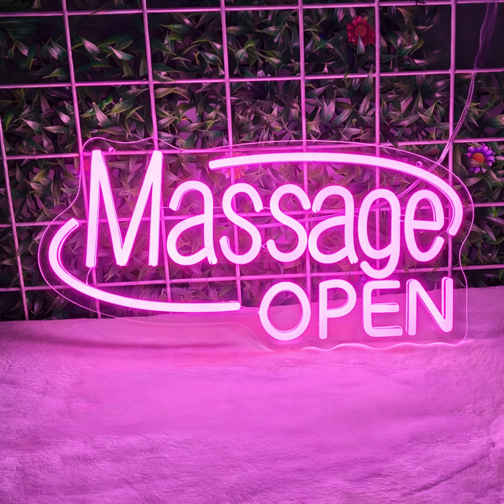 Massage Open LED Neon Sign in Warm White for Spa Salon and Wellness Decor