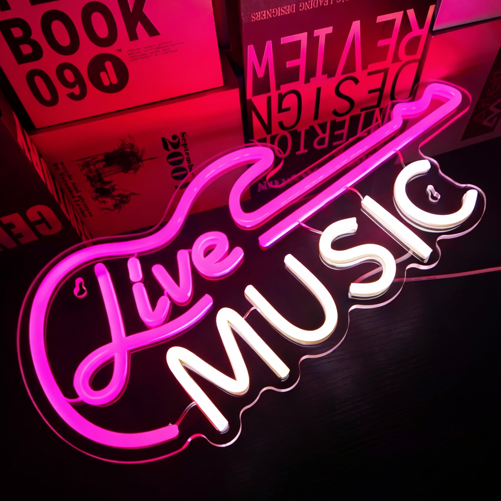 Live Music LED Neon Sign Guitar Script Neon Light for Bar Club Room Wall Decor