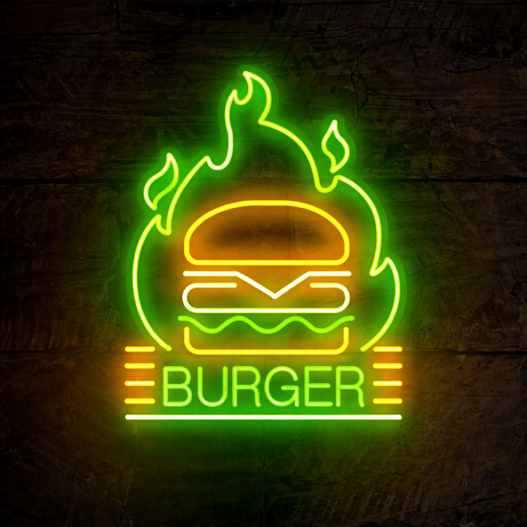 Flaming Burger LED Neon Sign for Restaurant, Grill Bar & Fast Food Shop Decor