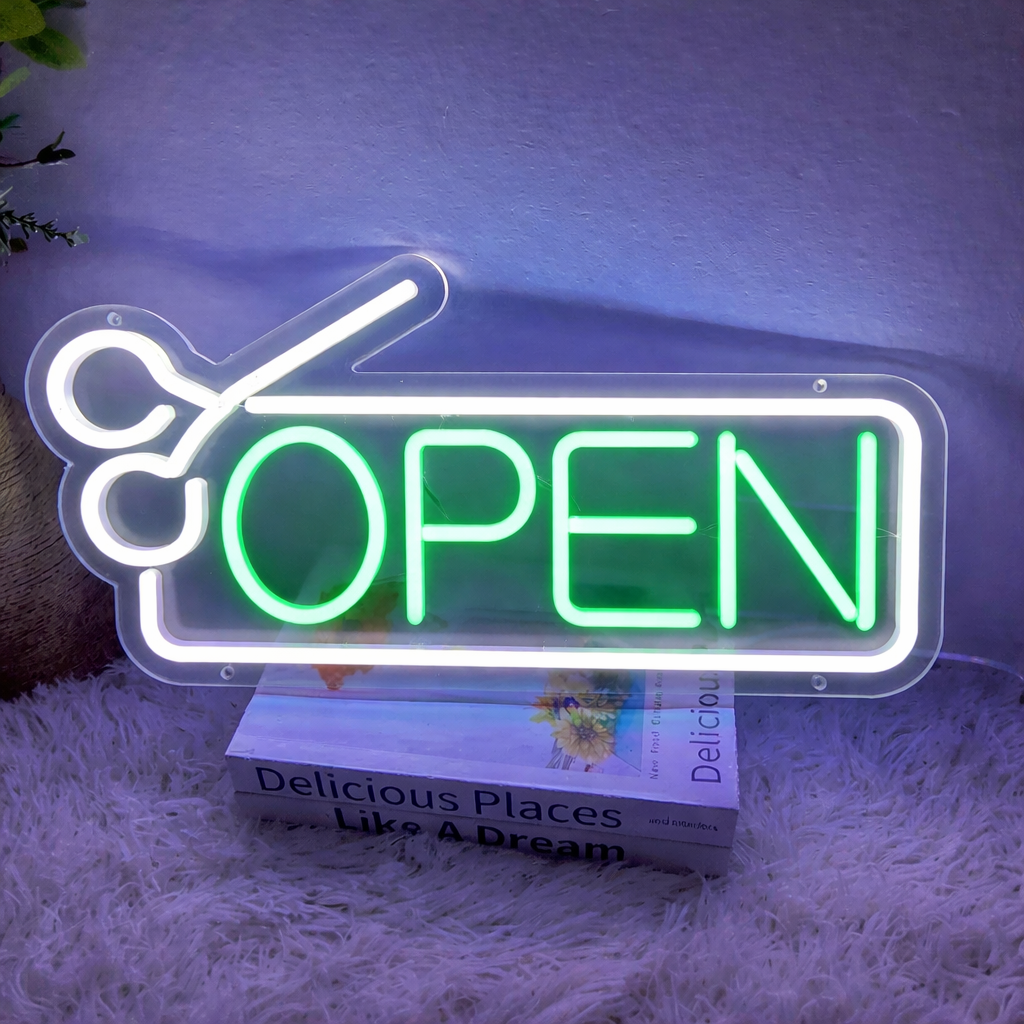 Barber Shop Open Neon Sign with Scissors for Salon Window Decor