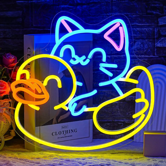 Cat Moon LED Neon Sign Colorful Cute Cat Neon Light Wall Decor for Bedroom Kids Room