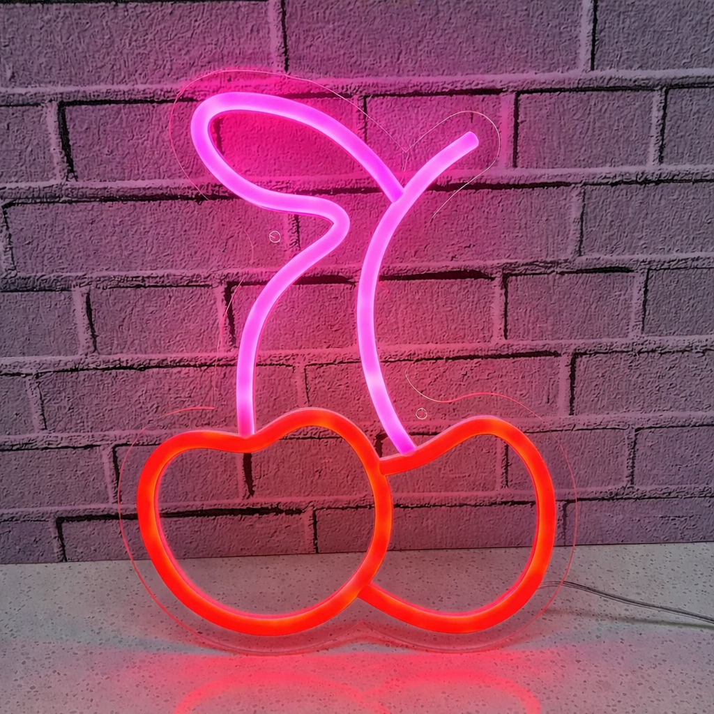 Cherry LED Neon Sign Red and Green Fruit Neon Light for Bar Kitchen Wall Decor