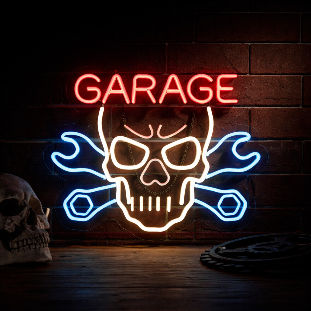 Skull Garage LED Neon Sign with Wrench Cross for Motorcycle Workshop Decor