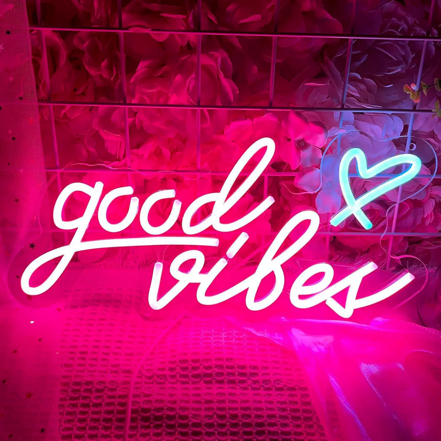 Good Vibes LED Neon Sign Pink White Heart Neon Light Wall Decor for Bedroom Party