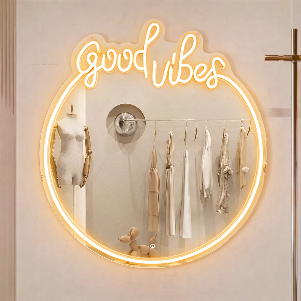 Good Vibes LED Neon Mirror Sign for Bedroom & Boutique Spaces