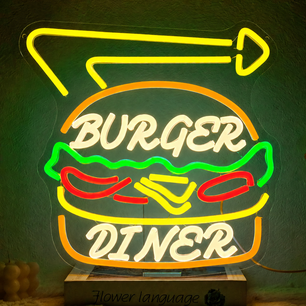 Burger Diner LED Neon Sign Retro Hamburger Neon Light Wall Decor for Restaurant Cafe Bar Kitchen