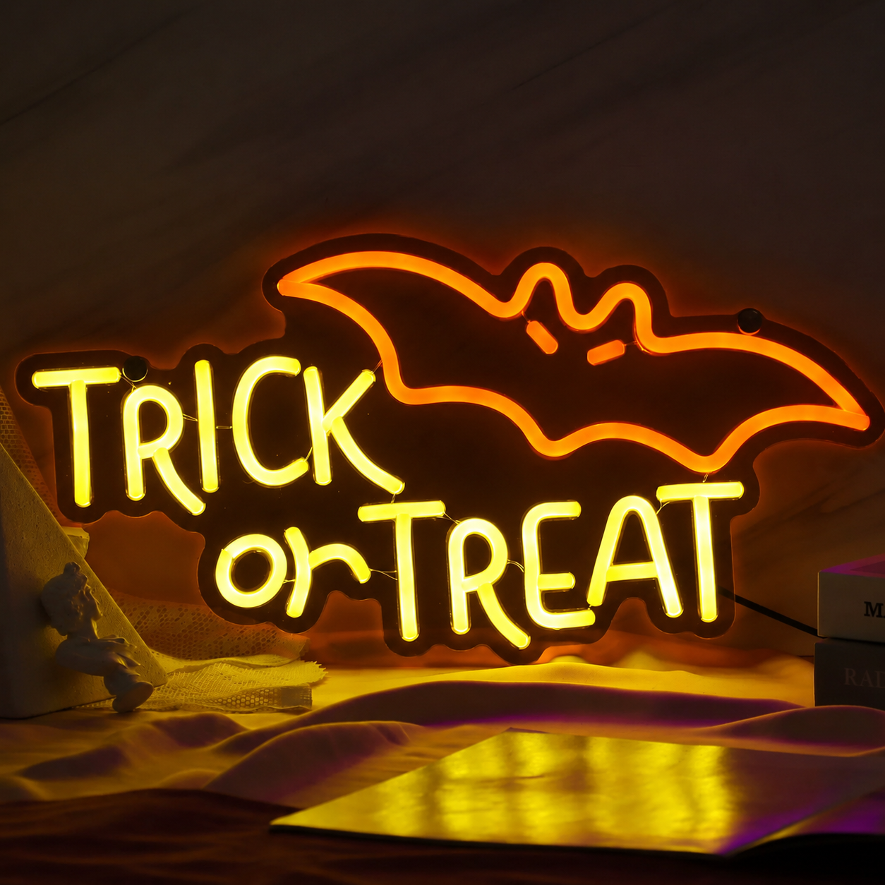 Trick or Treat LED Neon Sign Bat Halloween Neon Light Wall Decor for Party Haunted House