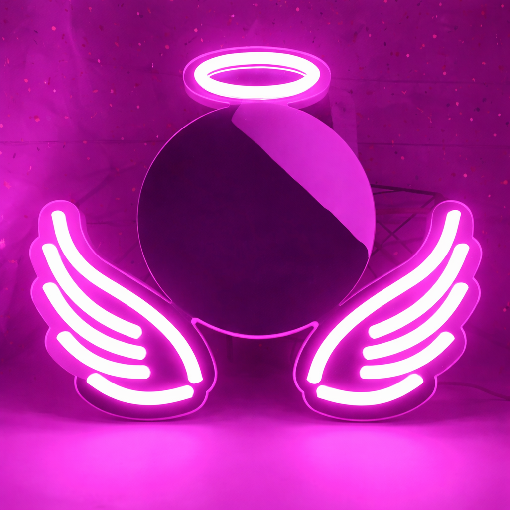 Angel Wings LED Neon Mirror Sign for Bedroom Aesthetic Wall Decor