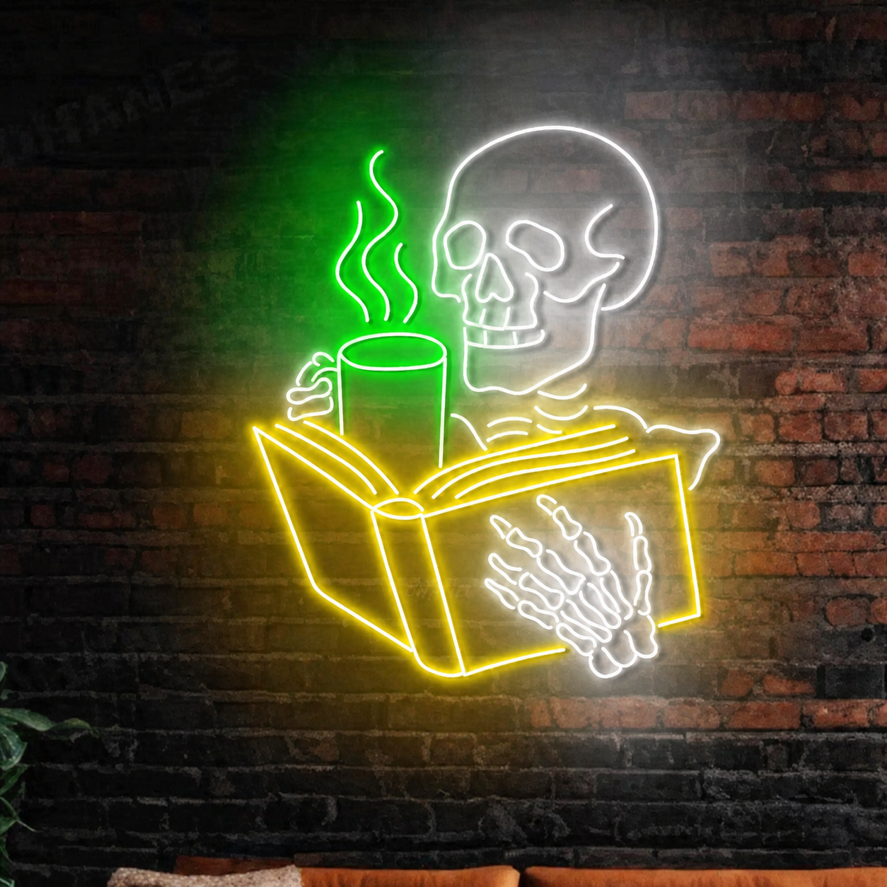 Skeleton Reading Book LED Neon Sign Funny Skull Coffee Wall Light for Halloween Bar Room Decor