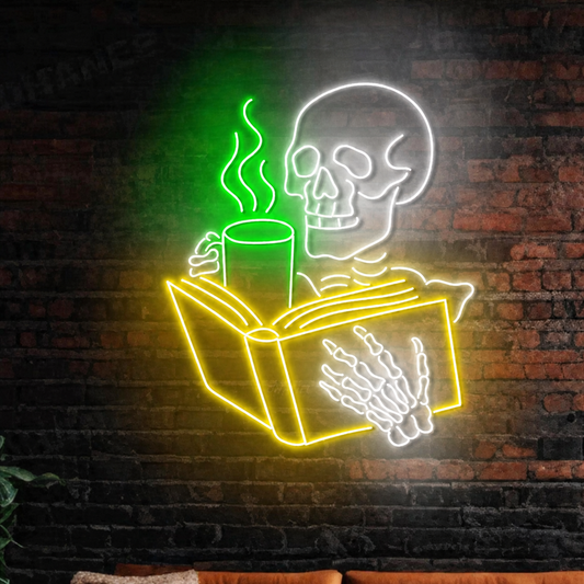 Skeleton Reading Book LED Neon Sign Funny Skull Coffee Wall Light for Halloween Bar Room Decor
