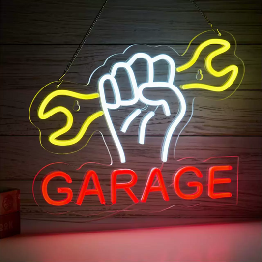 Vintage Garage LED Neon Sign with Fist and Wrench for Auto Repair Wall Decor