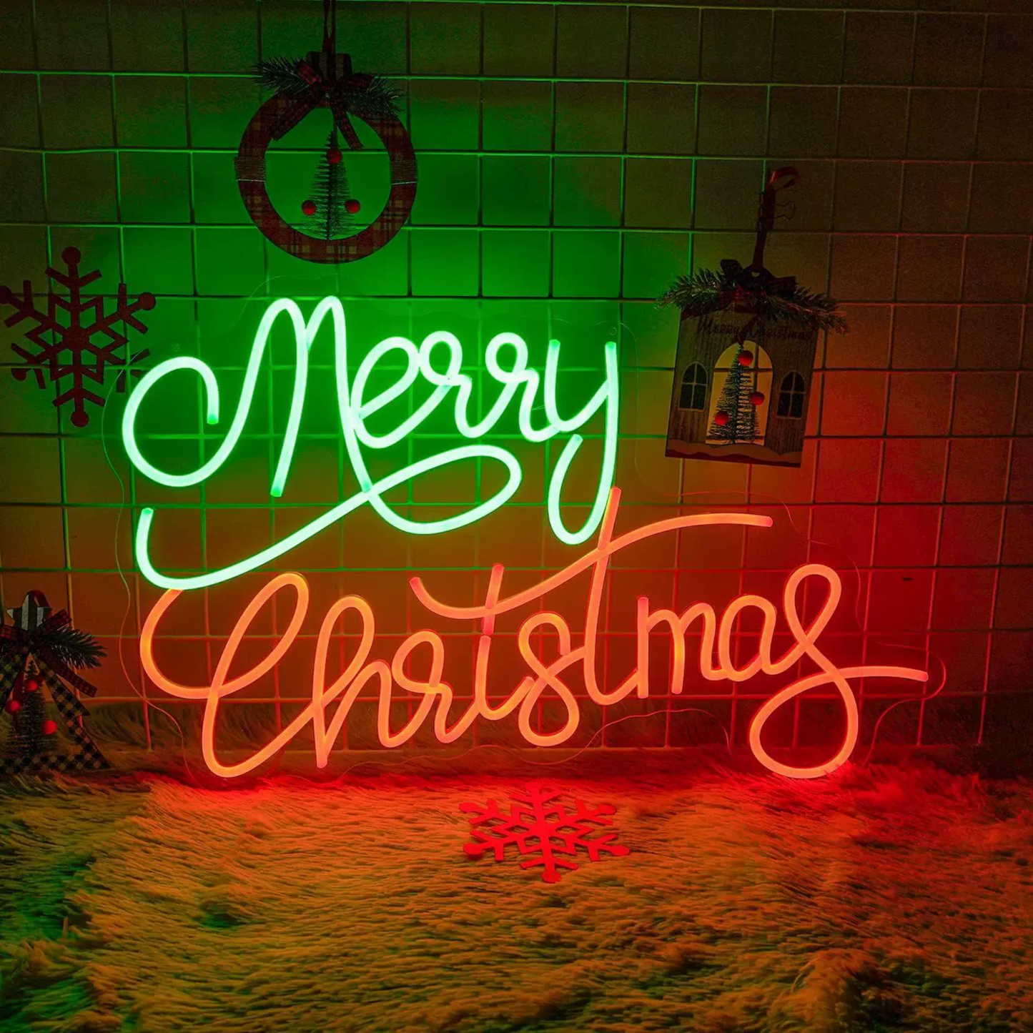 LED Merry Christmas Neon Sign with Green & Red Letters on Clear Acrylic