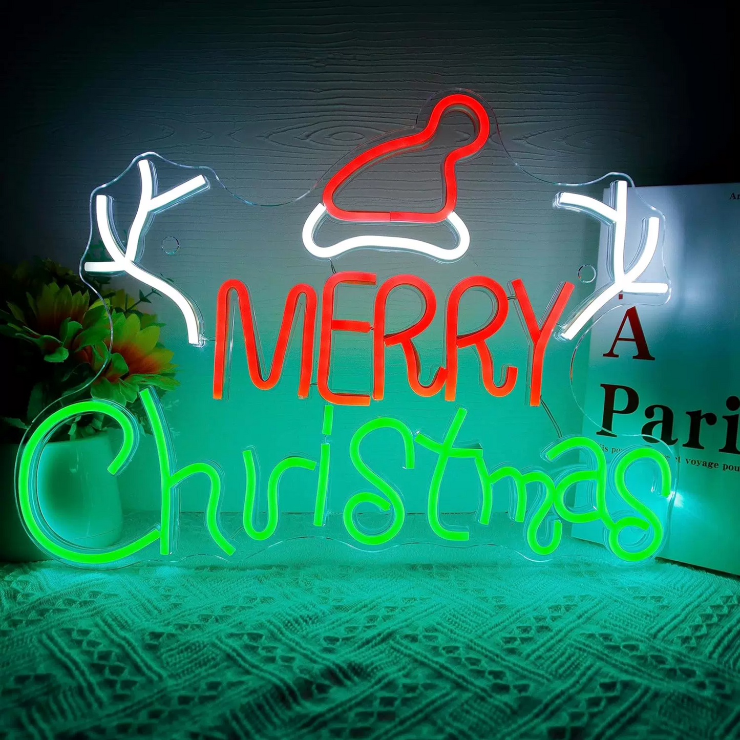 LED Merry Christmas Neon Sign with Santa Hat & Antlers – Red & Green Wall Décor