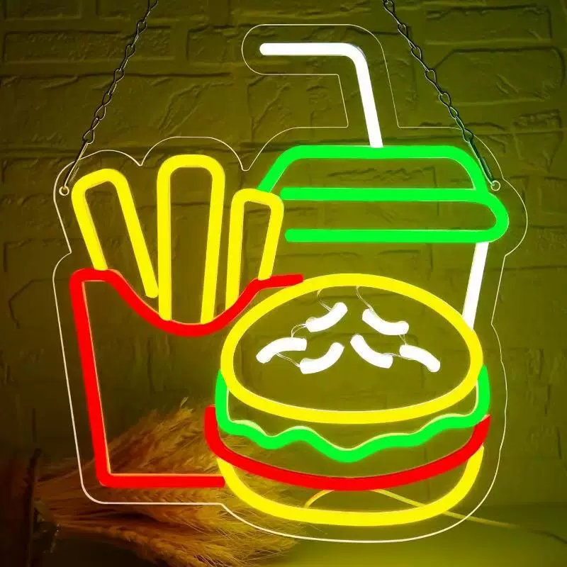 Burger Fries & Drink LED Neon Sign Fast Food Combo Neon Light Wall Decor for Restaurant Cafe Bar
