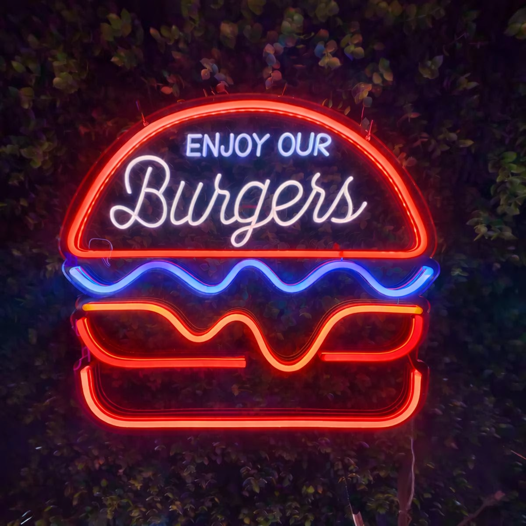 Enjoy Our Burgers LED Neon Sign for Restaurant, Café & Fast Food Shop Decor