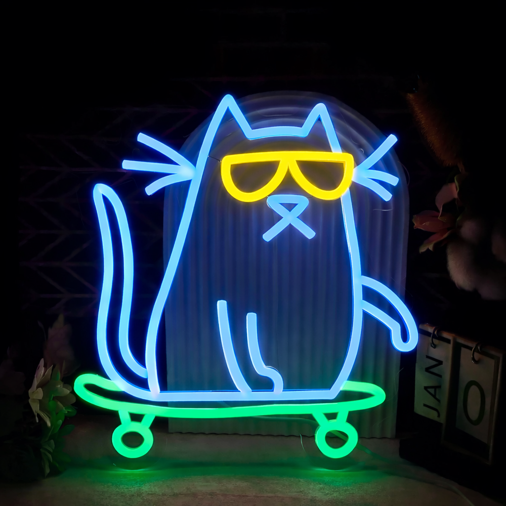 Cool Cat on Skateboard Neon Sign LED Wall Decor for Kids Room or Game Room