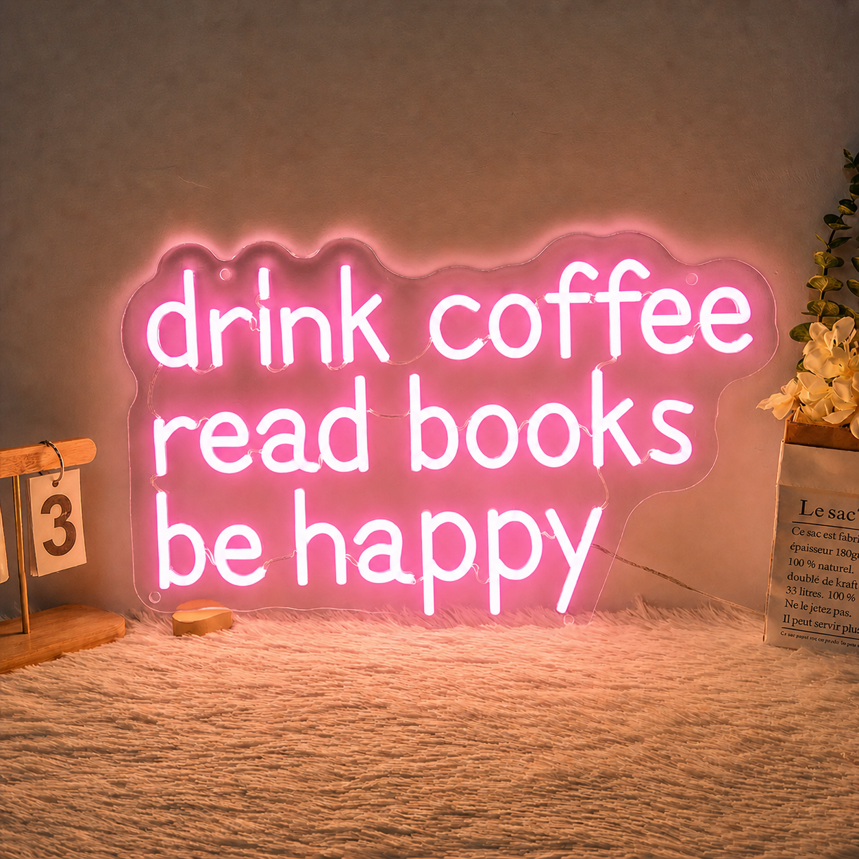 Drink Coffee Read Books Be Happy LED Neon Sign Warm White Wall Light for Bedroom Reading Room Cafe Decor