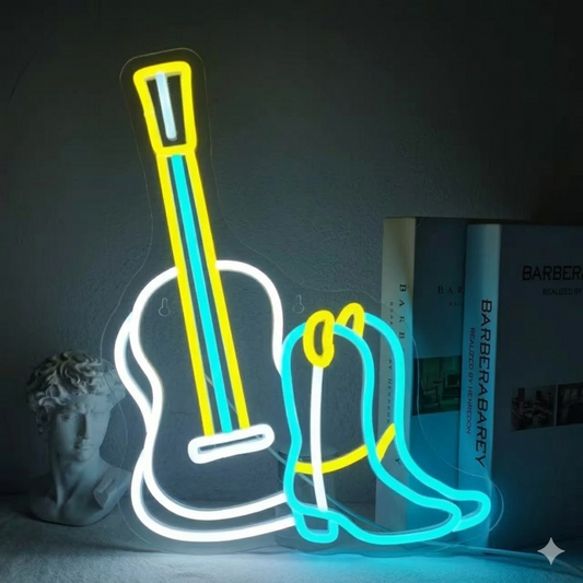 Guitar and Cowboy Boot LED Neon Sign Western Music Neon Light for Bar Room Decor