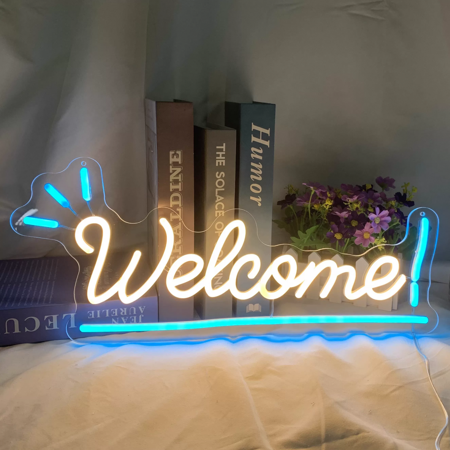 Welcome LED Neon Sign Warm White Blue Entryway Neon Light Wall Decor for Home Shop Party