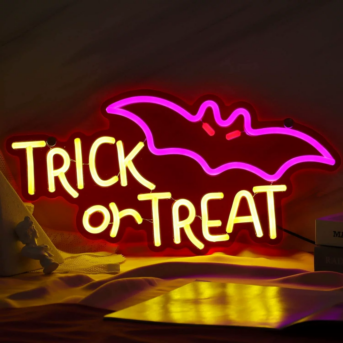 Trick or Treat LED Neon Sign Bat Halloween Neon Light Wall Decor for Party Haunted House