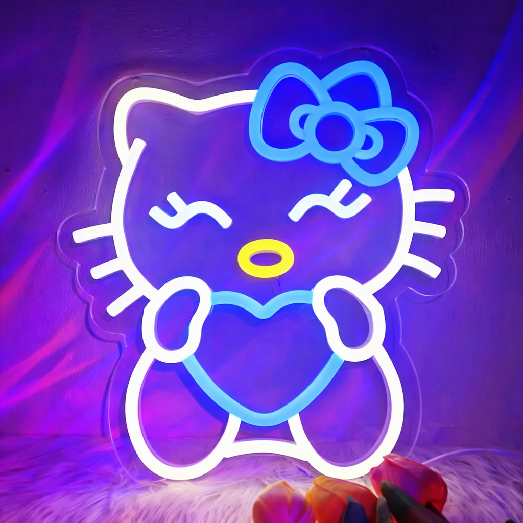 Cute Cartoon Cat LED Neon Sign with Heart for Bedroom Wall Decor Light