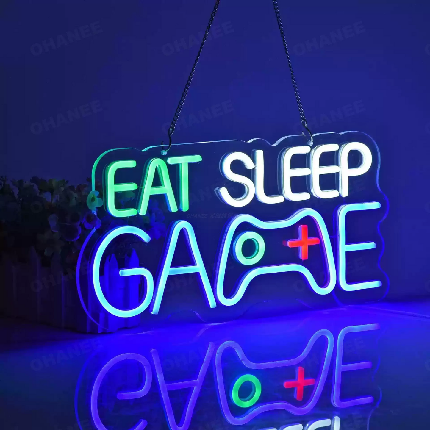 Eat Sleep Game LED Neon Sign with Controller Design for Gaming Room & Streamer Setup