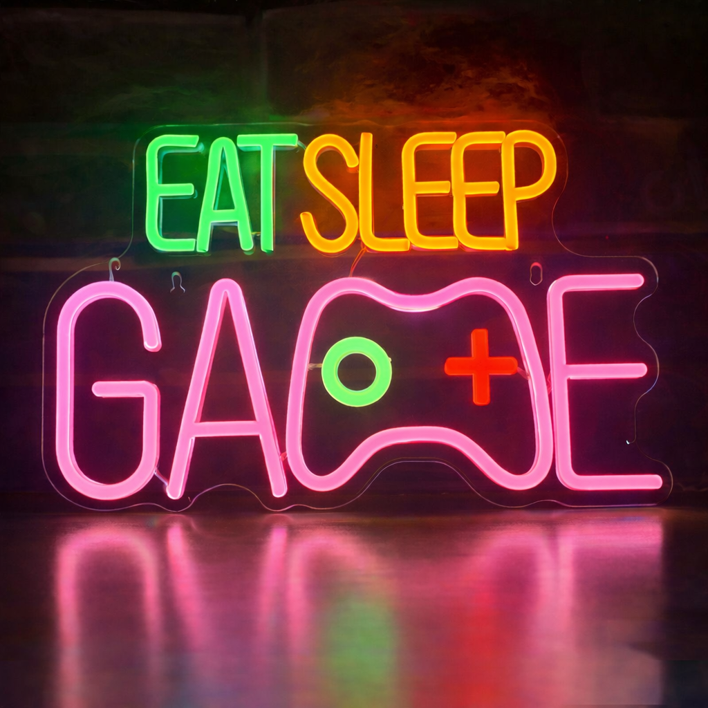 Eat Sleep Game LED Neon Sign with Controller Design for Gaming Room & Stream Setup