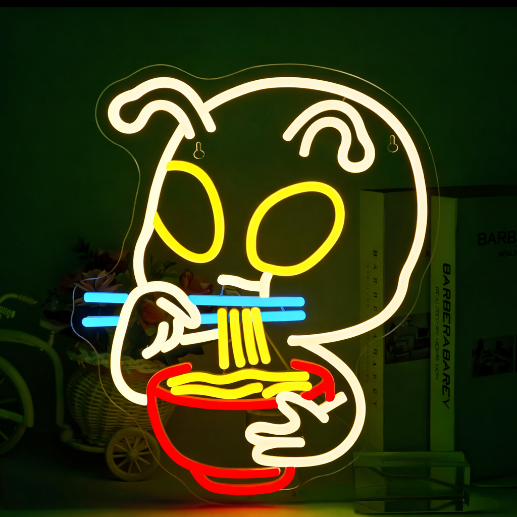 Cute Alien Eating Noodles LED Neon Sign Cartoon UFO Character Neon Light for Bedroom Bar Wall Decor