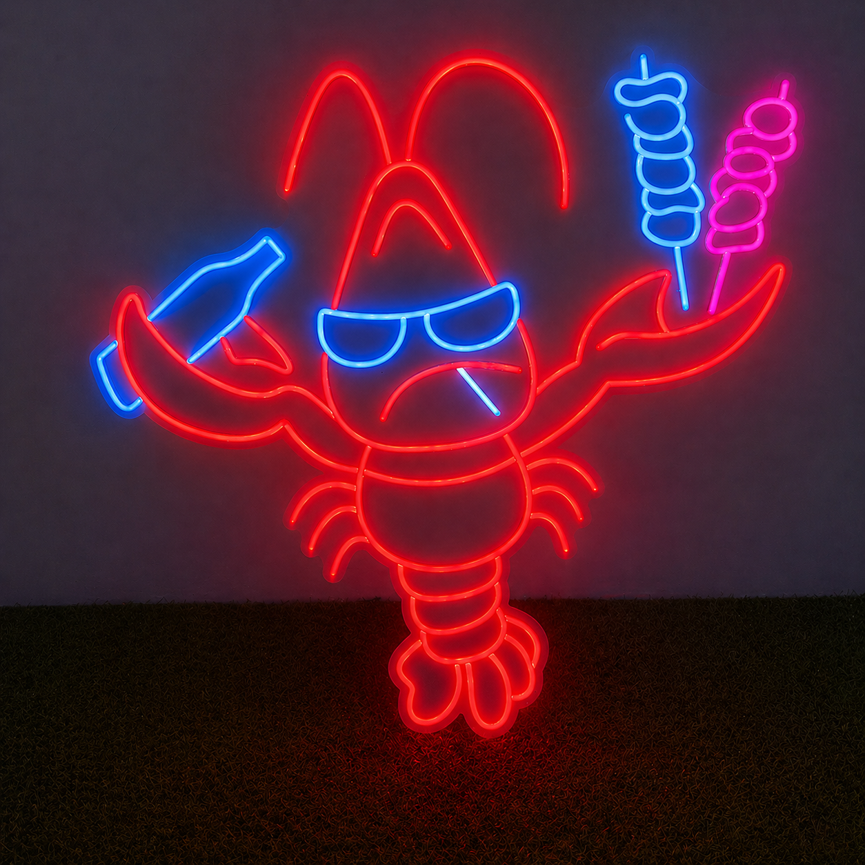 Funny Lobster LED Neon Sign with Beer & Skewers Cartoon Seafood Neon Light Wall Decor for Bar Restaurant Party