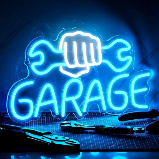 Garage Neon Sign with Fist and Wrench LED Light for Auto Repair Workshop Decor