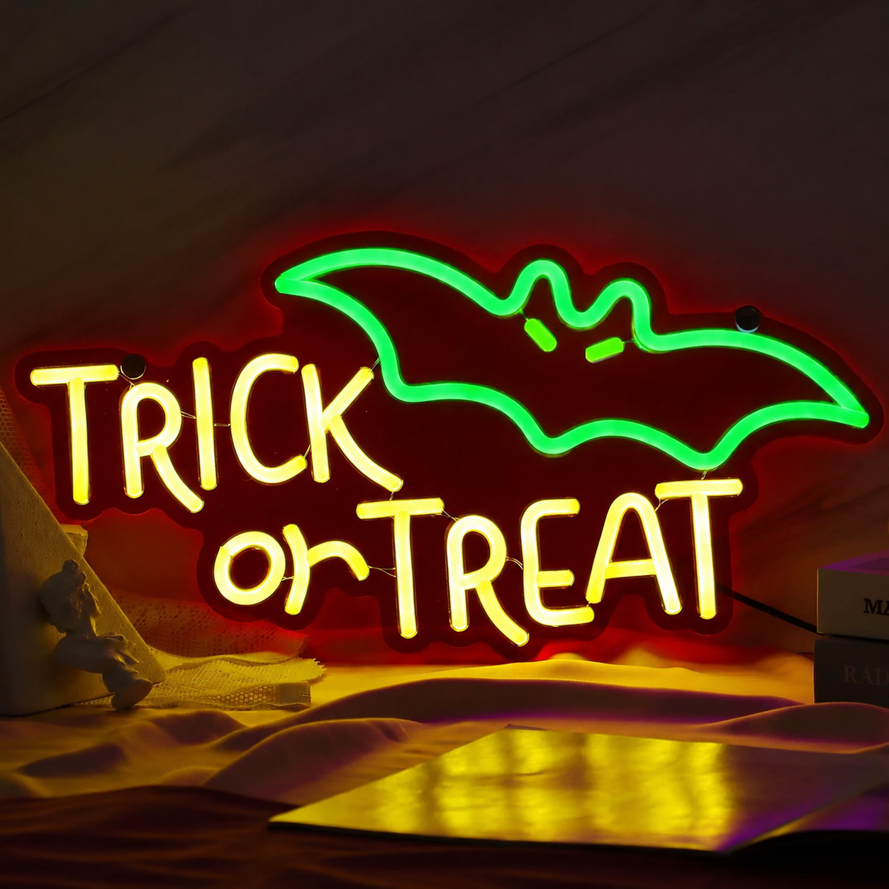 Trick or Treat LED Neon Sign Bat Halloween Neon Light Wall Decor for Party Haunted House