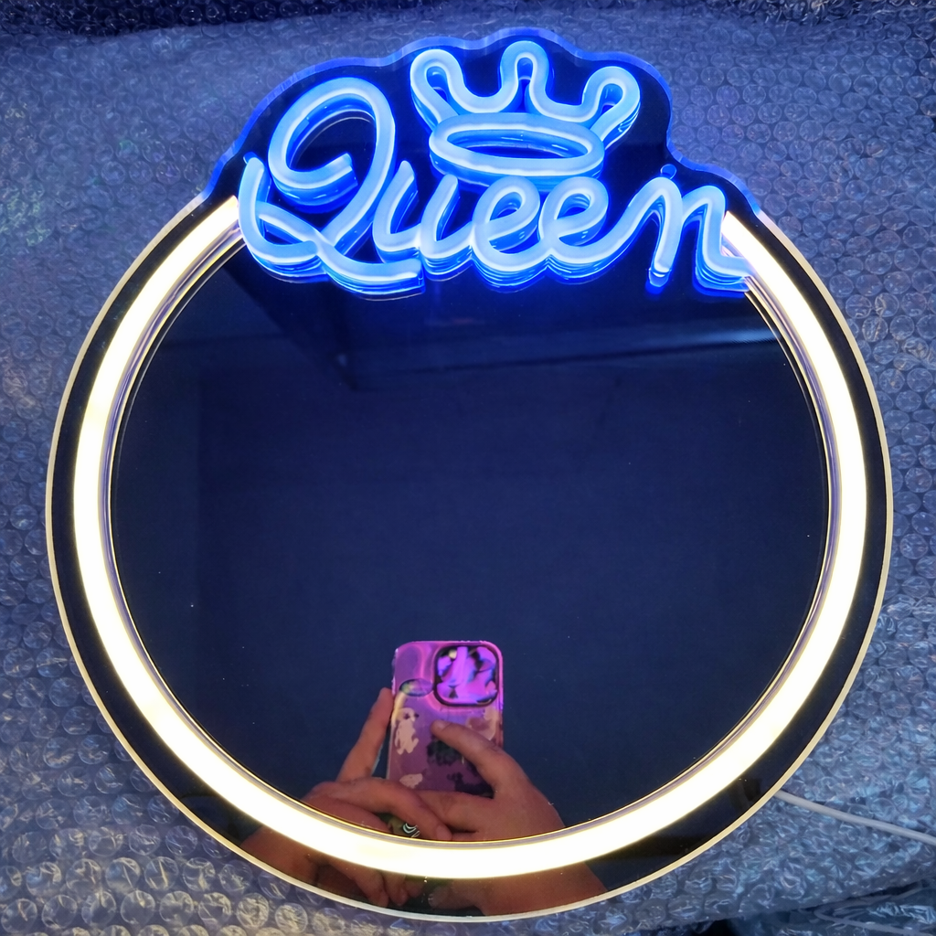 Personalized Queen LED Neon Mirror Sign with Crown Accent
