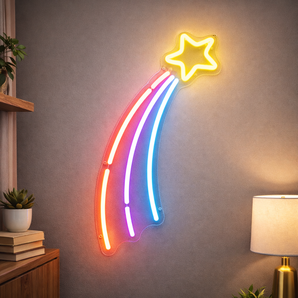 Rainbow Shooting Star LED Neon Sign for Kids Room, Bedroom & Dreamy Wall Decor