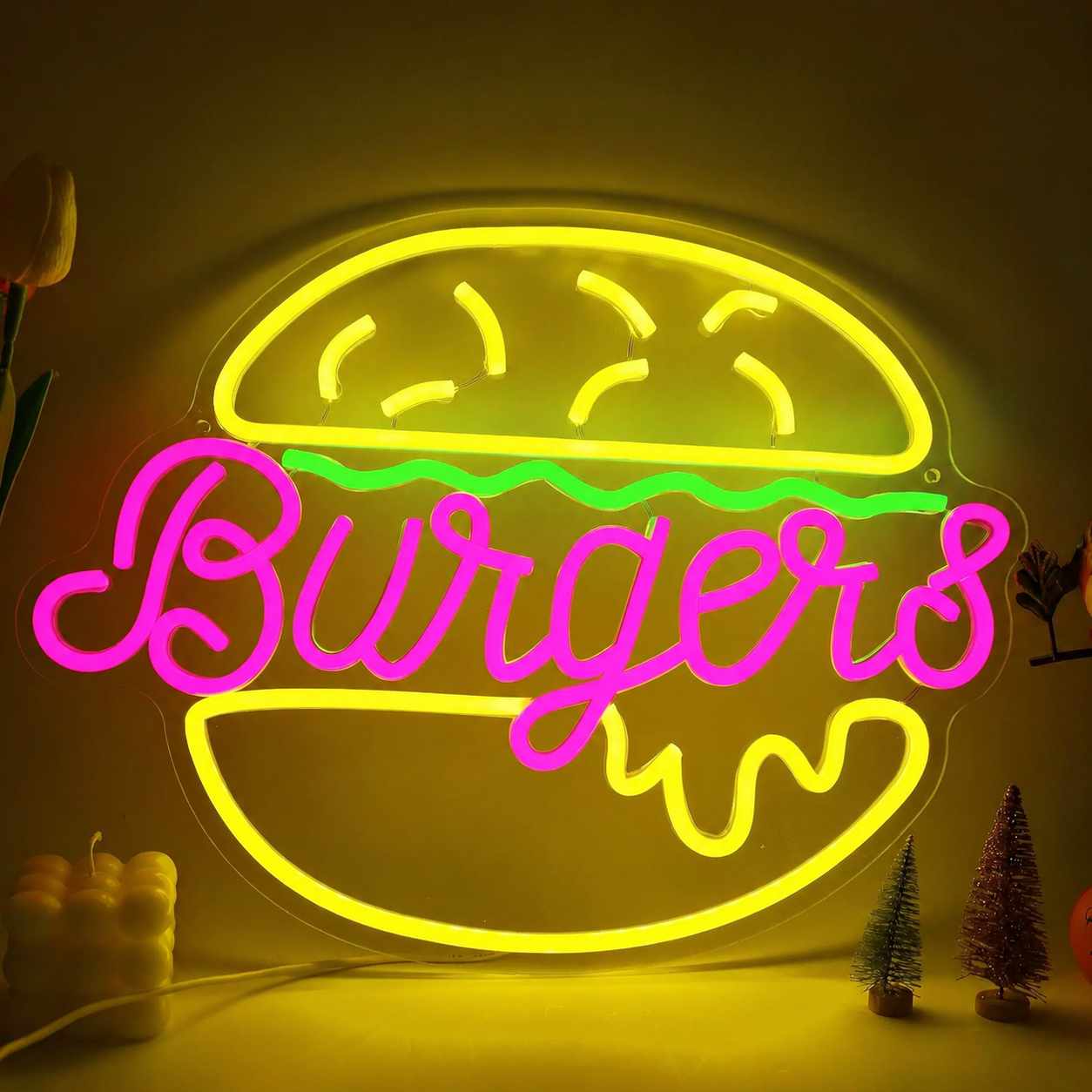 Burgers LED Neon Sign Hamburger Neon Light Wall Decor for Restaurant Cafe Kitchen Bar