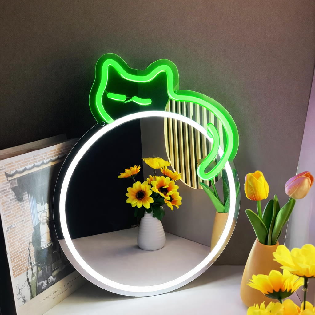 Cute Sleeping Cat LED Neon Mirror Sign for Bedroom Vanity Wall Decor