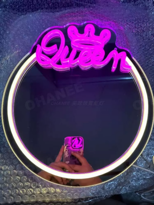 Personalized Queen LED Neon Mirror Sign with Crown Accent